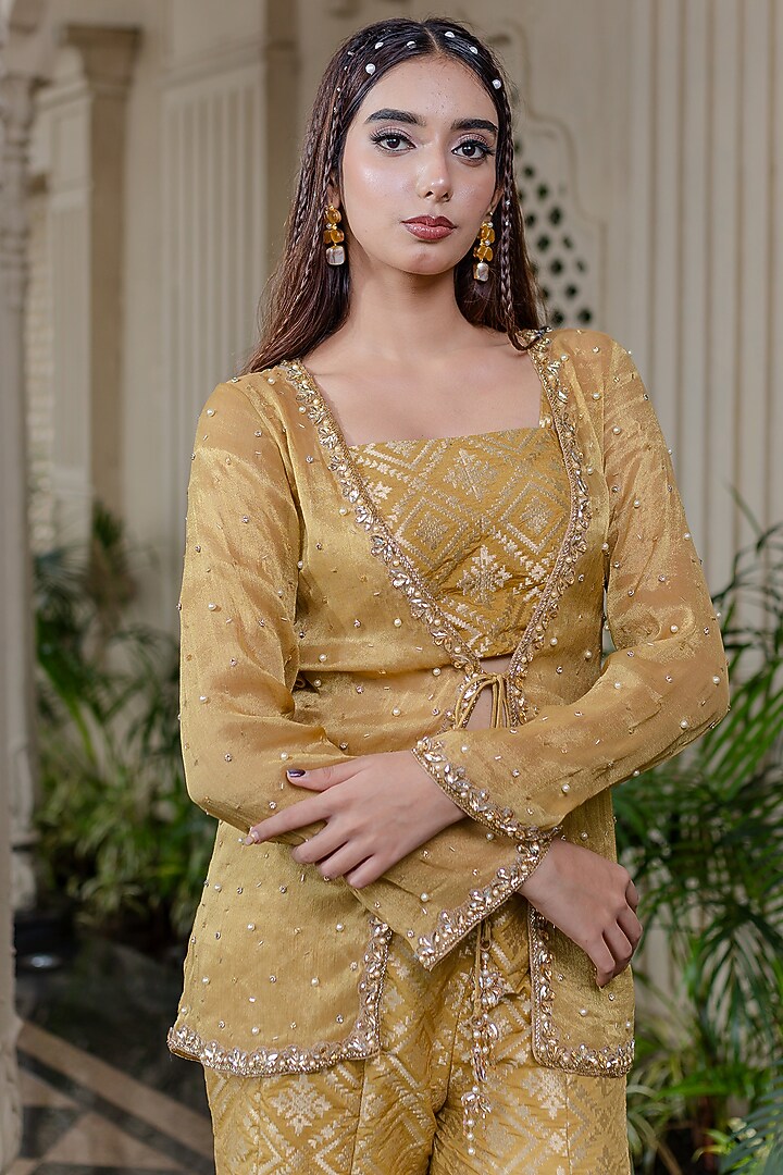 Yellow Tissue Chiffon Hand Embroidered Jacket Set by Farha Syed at Pernia's Pop Up Shop