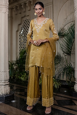 Yellow Tissue Chiffon Hand Embroidered Kurta Set by Farha Syed