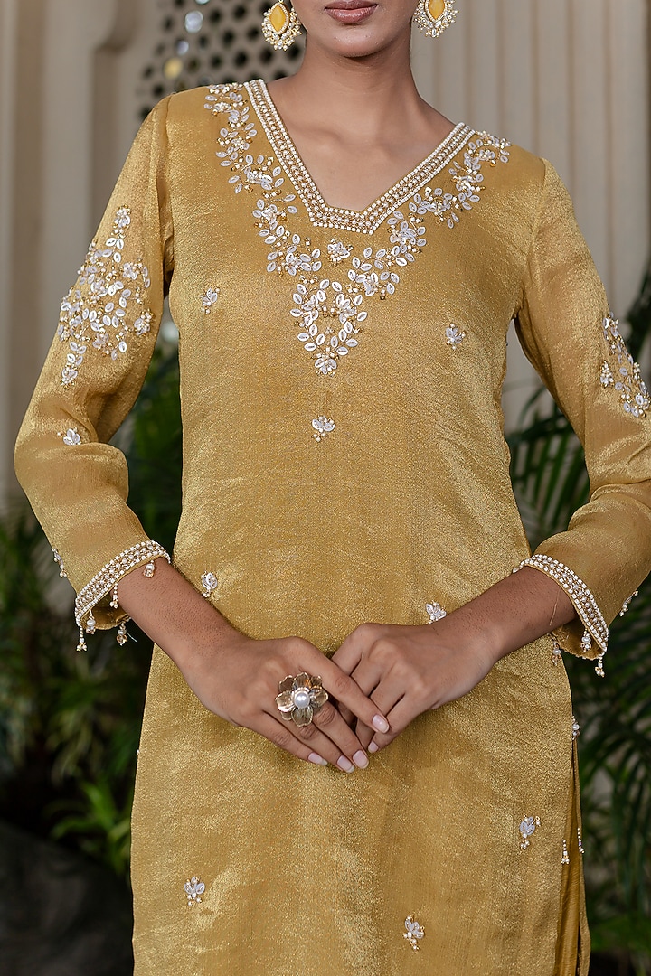 Yellow Tissue Chiffon Hand Embroidered Kurta Set by Farha Syed at Pernia's Pop Up Shop