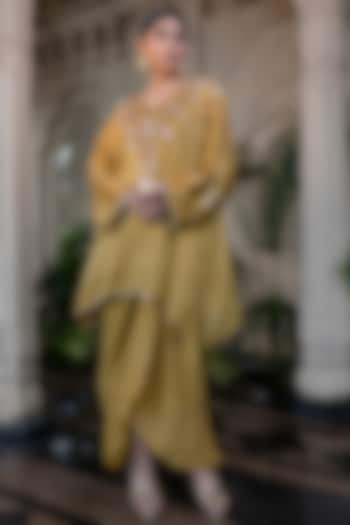 Yellow Tissue Chiffon Draped Skirt Set by Farha Syed at Pernia's Pop Up Shop