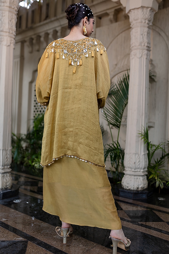 Yellow Tissue Chiffon Draped Skirt Set by Farha Syed at Pernia's Pop Up Shop