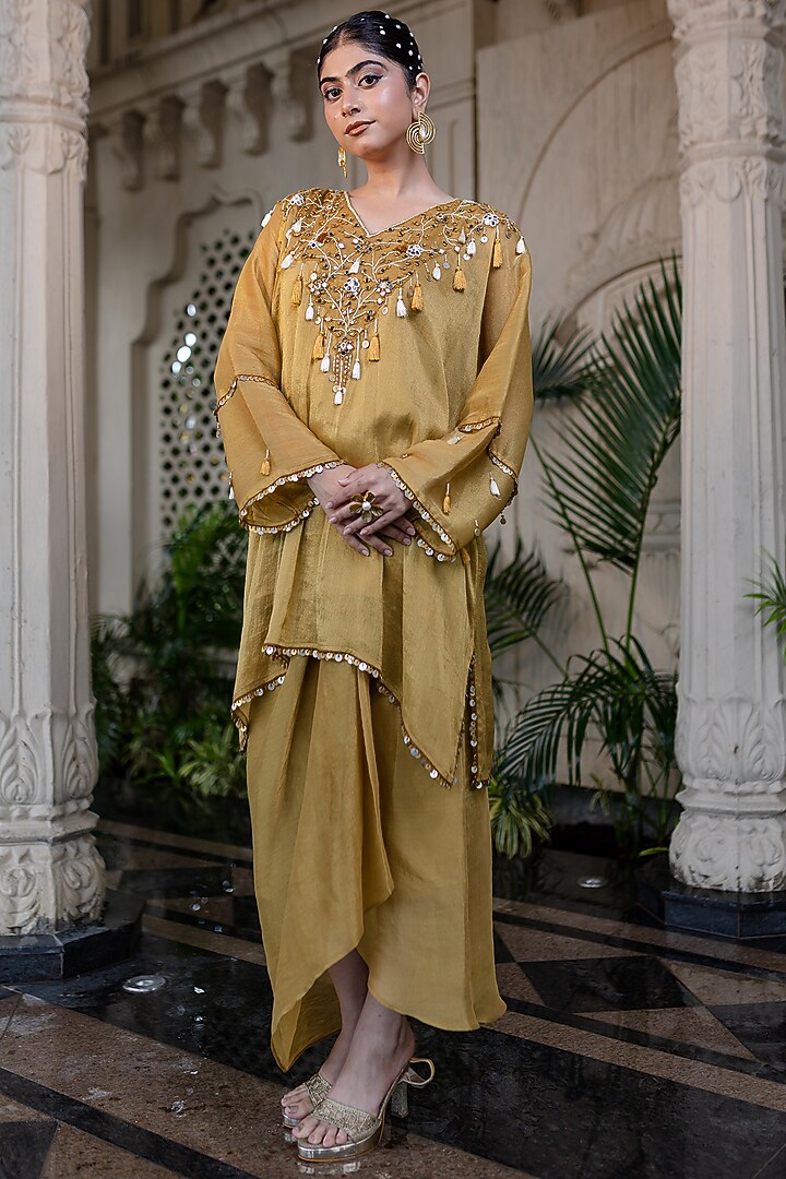 Yellow Tissue Chiffon Draped Skirt Set by Farha Syed at Pernia's Pop Up Shop