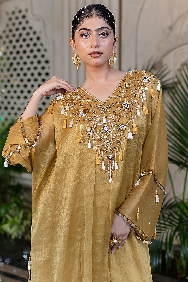 Yellow Tissue Chiffon Draped Skirt Set by Farha Syed at Pernia's Pop Up Shop