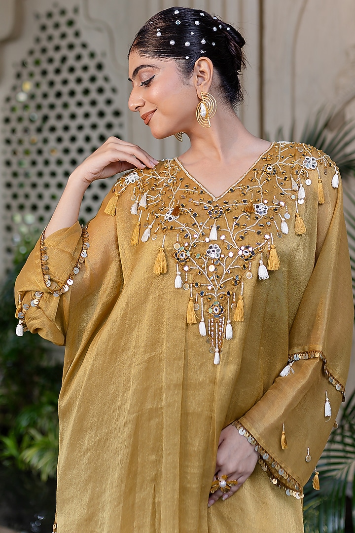 Yellow Tissue Chiffon Draped Skirt Set by Farha Syed at Pernia's Pop Up Shop