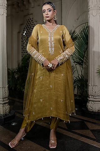 Yellow Tissue Chiffon Hand Embroidered Kurta Set by Farha Syed