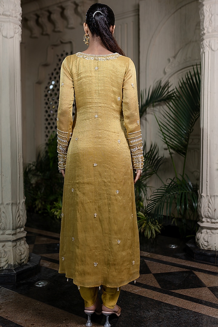 Yellow Tissue Chiffon Hand Embroidered Kurta Set by Farha Syed at Pernia's Pop Up Shop