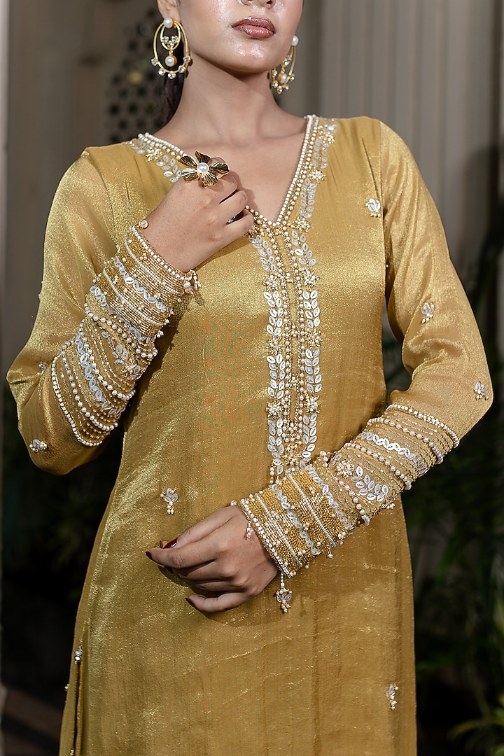 Yellow Tissue Chiffon Hand Embroidered Kurta Set by Farha Syed at Pernia's Pop Up Shop