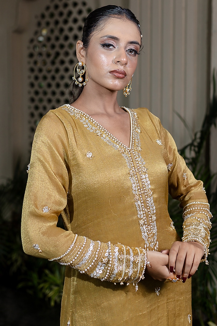 Yellow Tissue Chiffon Hand Embroidered Kurta Set by Farha Syed at Pernia's Pop Up Shop