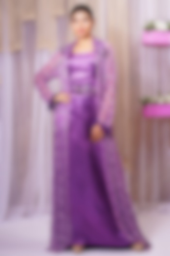 Violet Modal Satin Silk Gown With Belt by Farha Syed