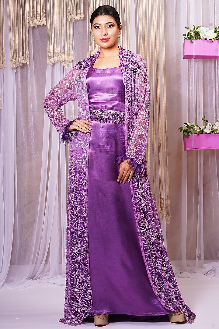 Violet Modal Satin Silk Gown With Belt by Farha Syed