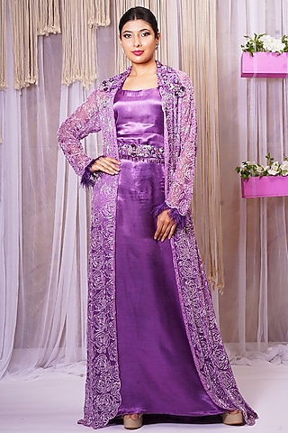 Violet Modal Satin Silk Gown With Belt by Farha Syed