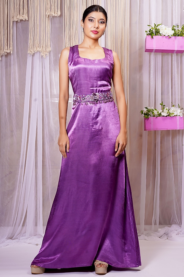 Violet Modal Satin Silk Engagement Gown With Belt by Farha Syed at Pernia's Pop Up Shop