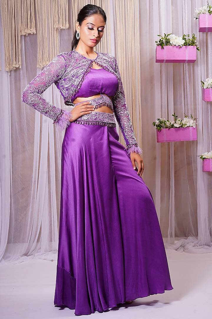 Electric Purple Modal Satin Silk Sharara Set by Farha Syed