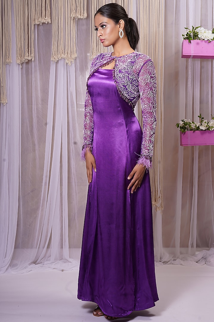 Electric Purple Modal Satin Silk Gown With Shrug by Farha Syed