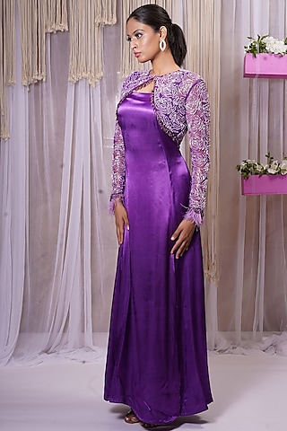 Electric Purple Modal Satin Silk Gown With Shrug by Farha Syed
