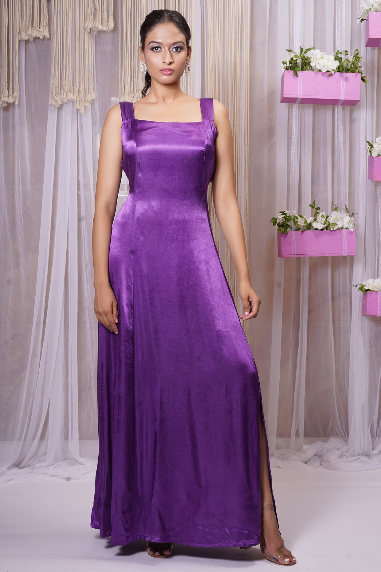 Purple Satin Cap Sleeve Chic Long Prom Dress - Promfy