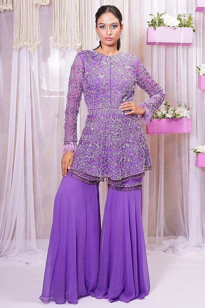 Violet Georgette Sharara Set by Farha Syed