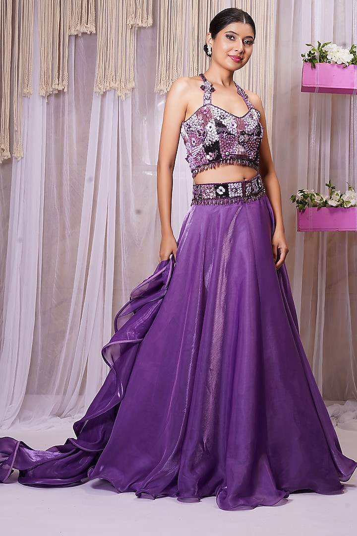 Violet Pure Organza Lehenga Set With Belt by Farha Syed