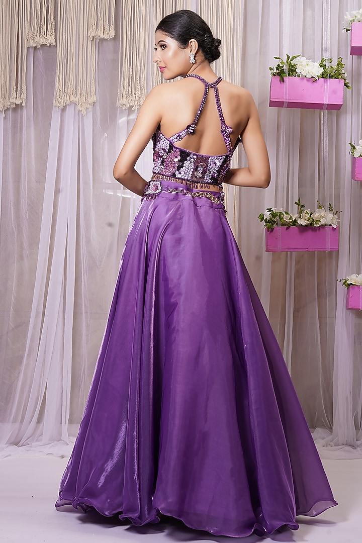 Violet Pure Organza Wedding Lehenga Set With Belt by Farha Syed at Pernia's Pop Up Shop
