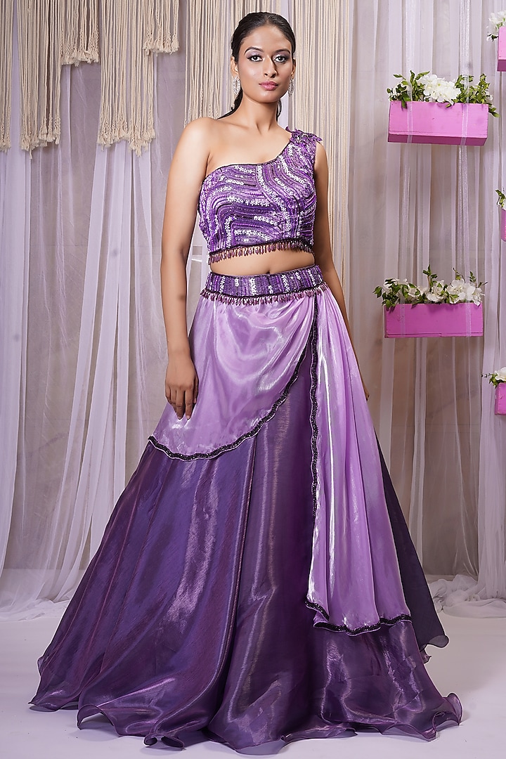 Mauve Pure Organza Skirt Set by Farha Syed
