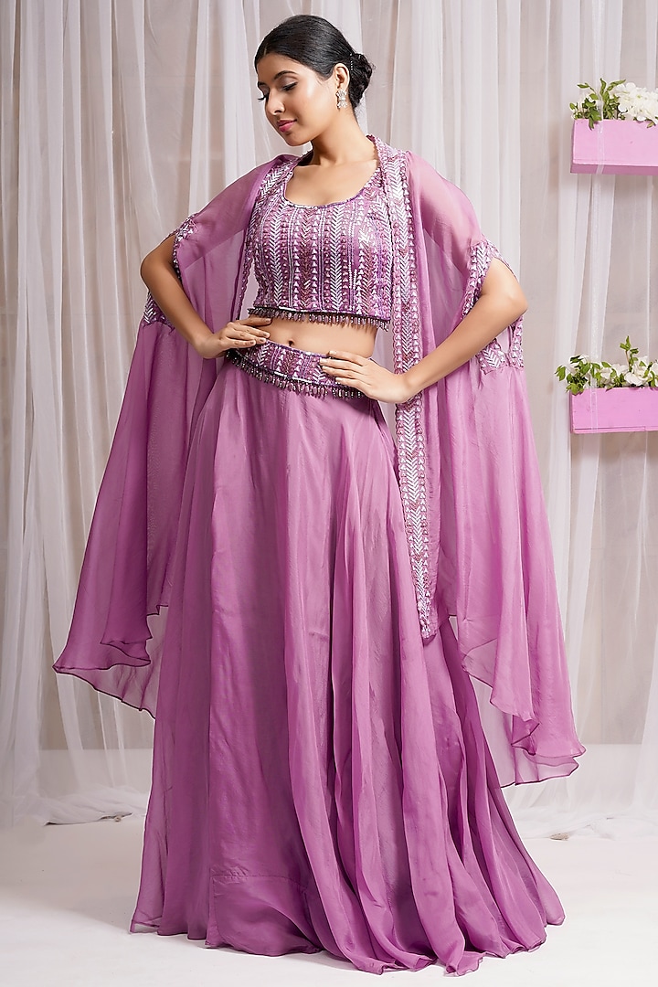 Mulberry Modal Satin Silk Skirt Set With Cape by Farha Syed