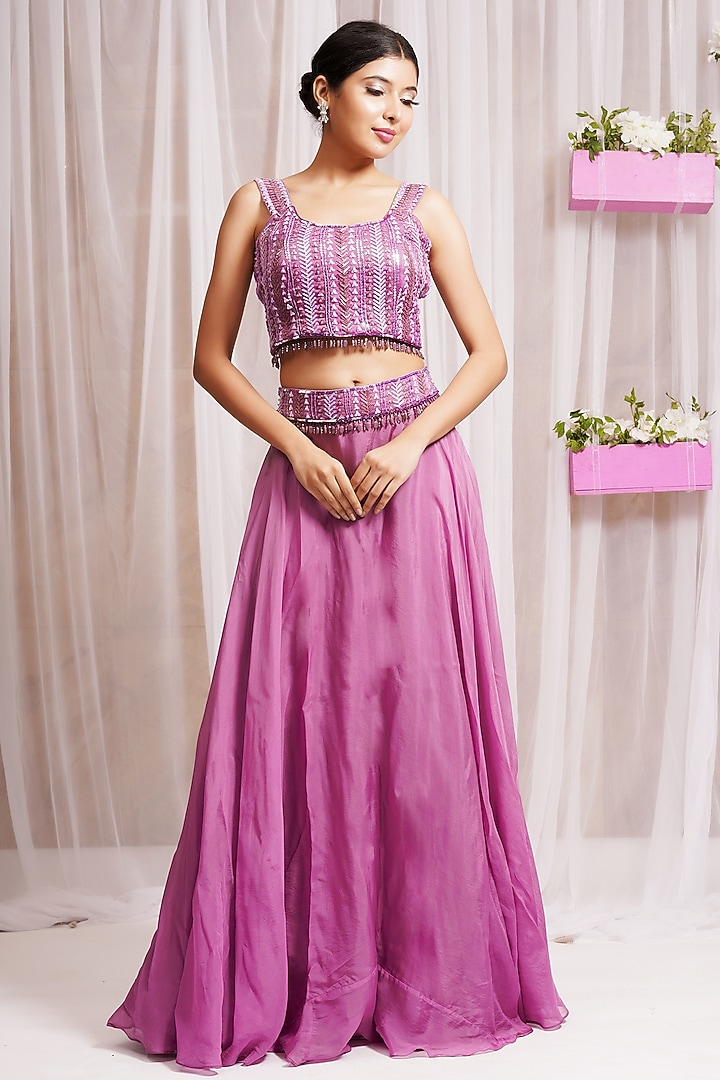 Mulberry Modal Satin Silk Jacket Wedding Lehenga Set by Farha Syed at Pernia's Pop Up Shop