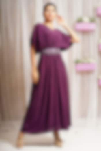 Boysenberry Crepe Kaftan Dress With Belt by Farha Syed