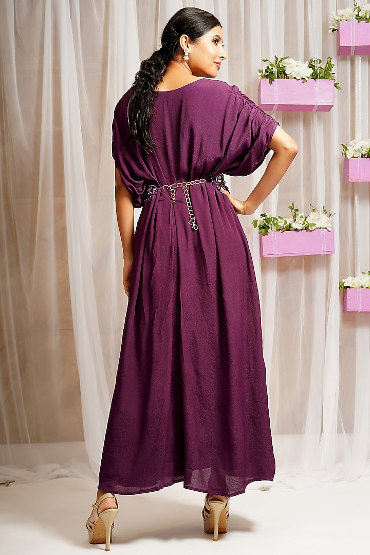 Boysenberry Crepe Kaftan Dress With Belt by Farha Syed at Pernia's Pop Up Shop
