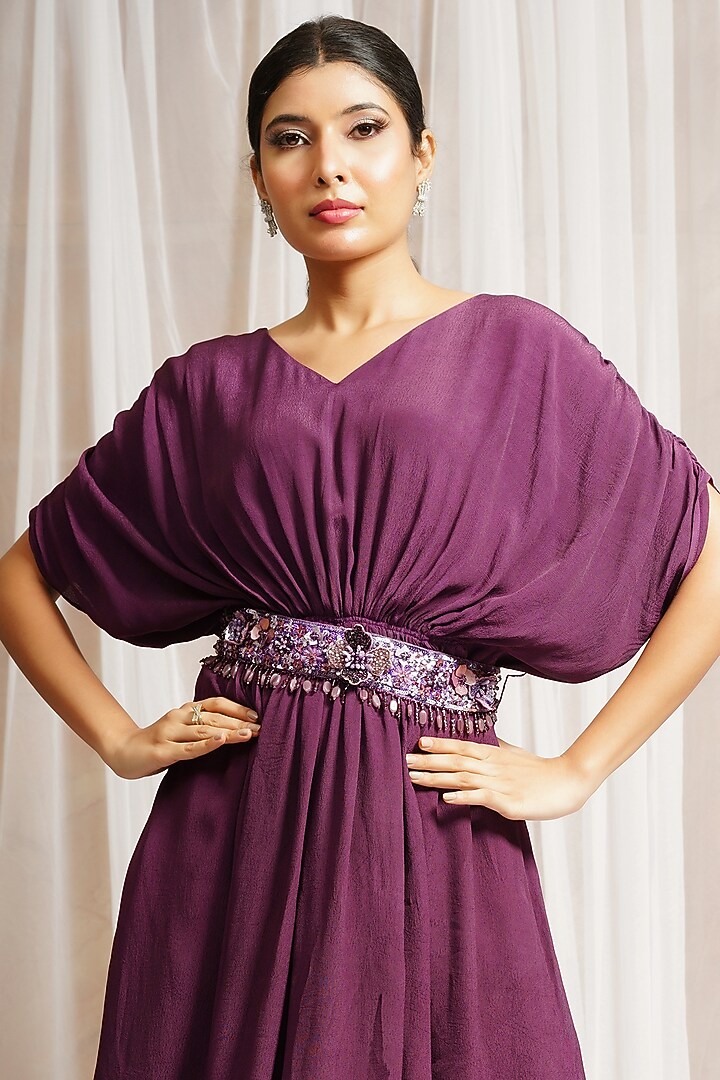 Boysenberry Crepe Kaftan Dress With Belt by Farha Syed at Pernia's Pop Up Shop