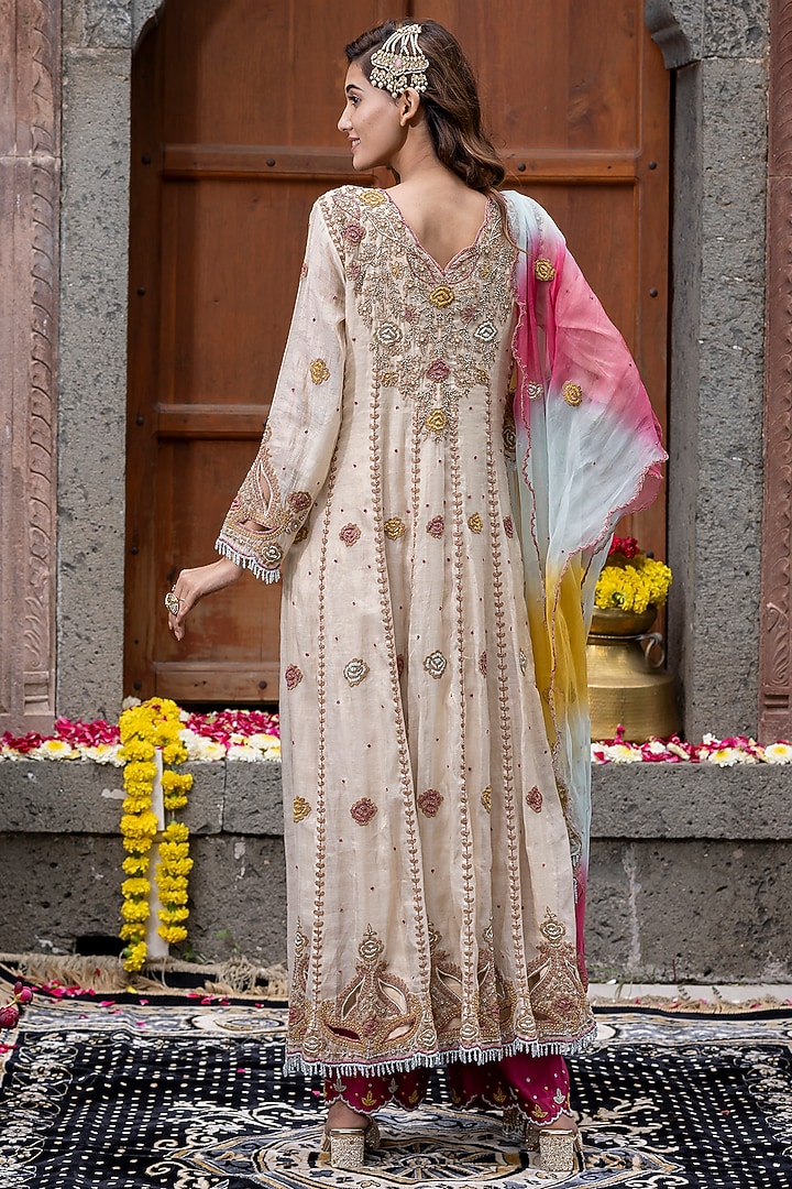 Beige Chanderi Silk Tissue Cutdana Hand Embroidered Wedding Anarkali Set by Farha Syed at Pernia's Pop Up Shop