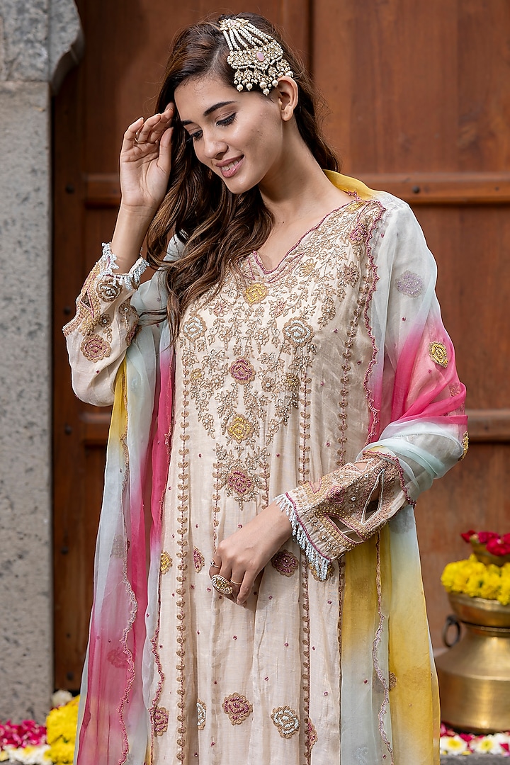 Beige Chanderi Silk Tissue Cutdana Hand Embroidered Wedding Anarkali Set by Farha Syed at Pernia's Pop Up Shop