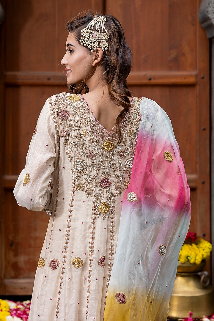Beige Chanderi Silk Tissue Cutdana Hand Embroidered Wedding Anarkali Set by Farha Syed at Pernia's Pop Up Shop