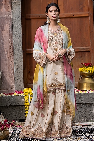 Beige Chanderi Silk Tissue Hand Embroidered Sharara Set by Farha Syed