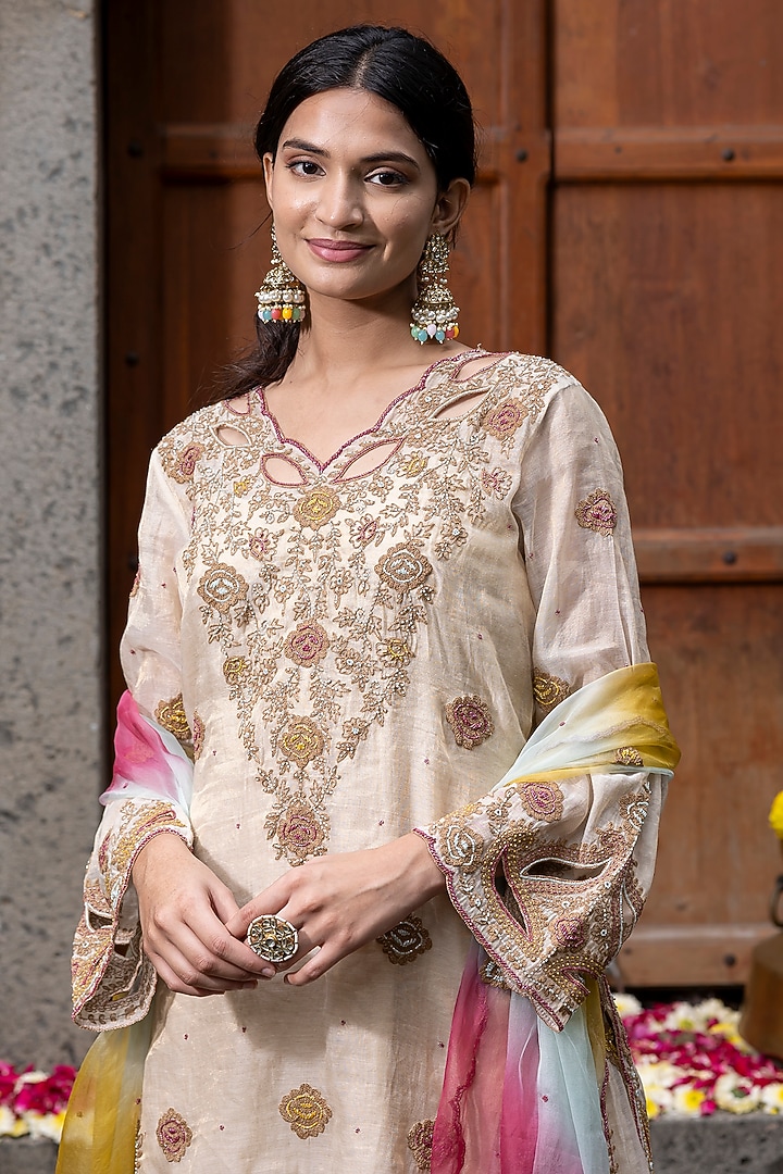 Beige Chanderi Silk Tissue Hand Embroidered Wedding Sharara Set by Farha Syed at Pernia's Pop Up Shop