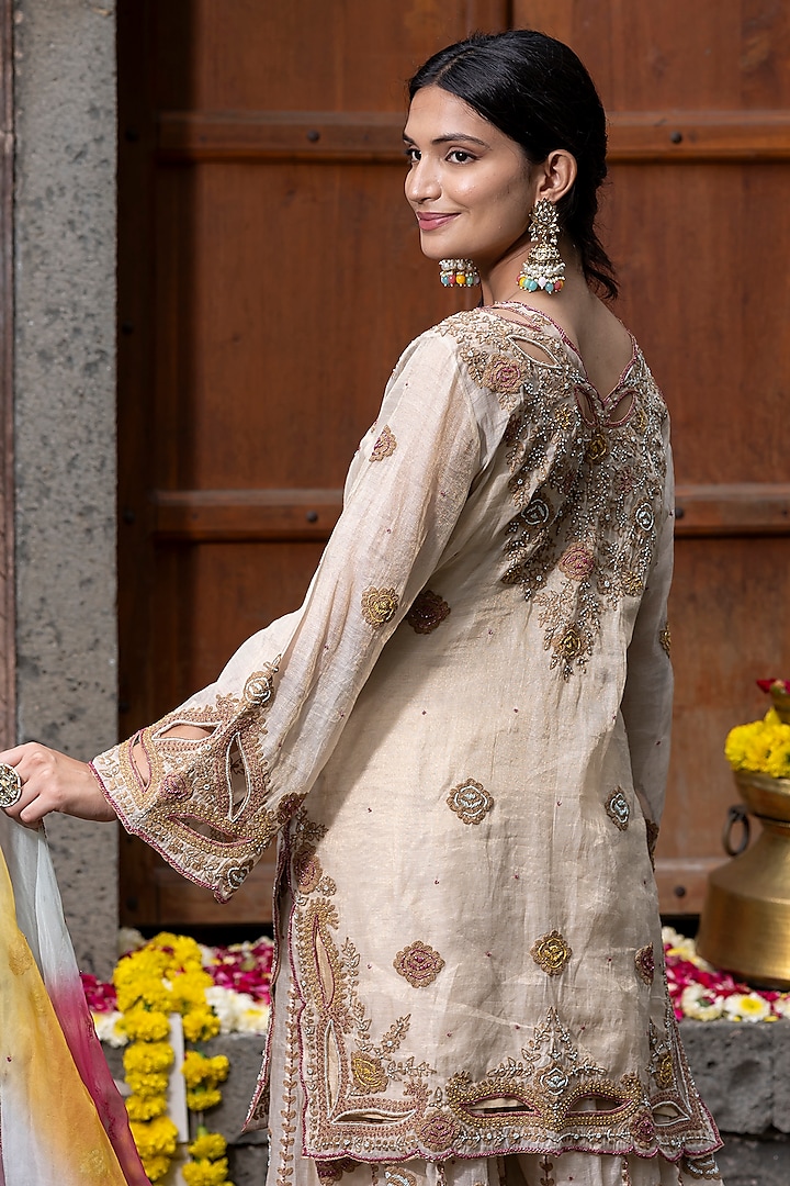 Beige Chanderi Silk Tissue Hand Embroidered Wedding Sharara Set by Farha Syed at Pernia's Pop Up Shop