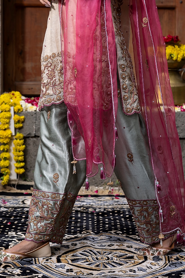 Beige Chanderi Silk Tissue Cutdana Hand Embroidered Kurta Set by Farha Syed at Pernia's Pop Up Shop