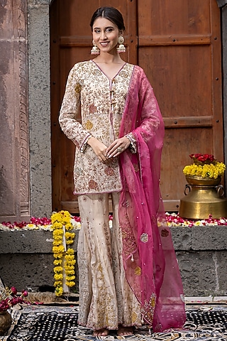 Beige Chanderi Silk Tissue Sharara Set by Farha Syed