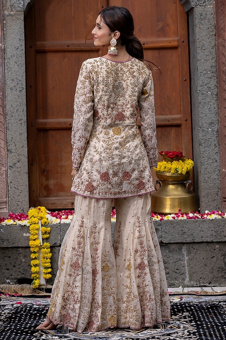 Beige Chanderi Silk Tissue Wedding Sharara Set by Farha Syed at Pernia's Pop Up Shop