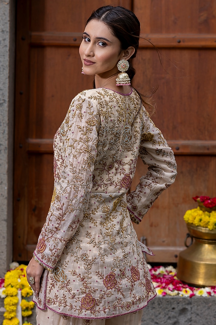 Beige Chanderi Silk Tissue Wedding Sharara Set by Farha Syed at Pernia's Pop Up Shop
