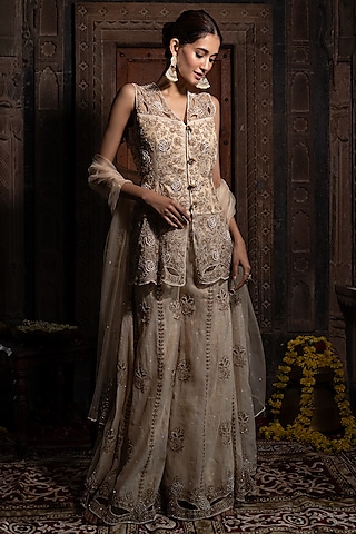 Beige Chanderi Silk Tissue Hand Embroidered Sharara Set by Farha Syed