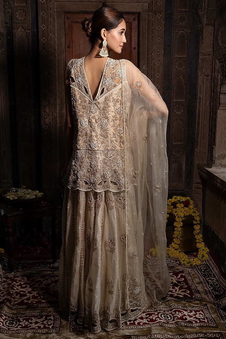 Beige Chanderi Silk Tissue Hand Embroidered Wedding Sharara Set by Farha Syed at Pernia's Pop Up Shop