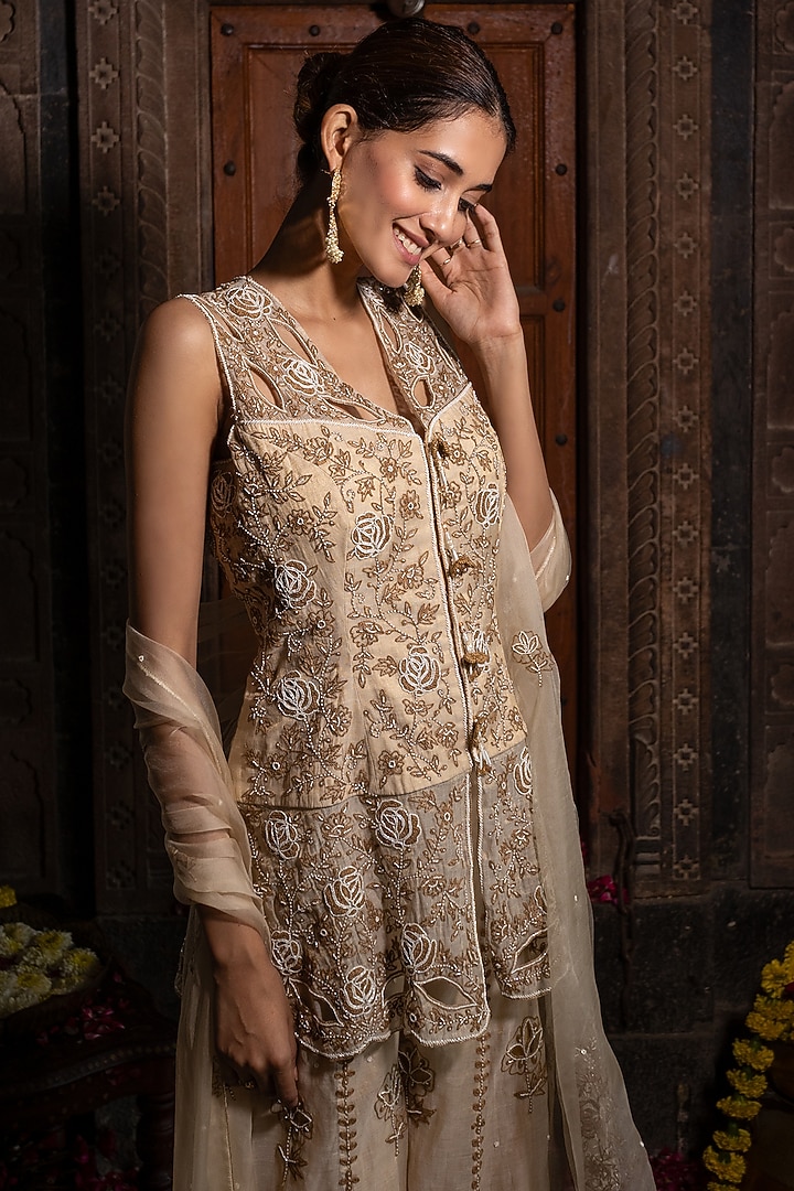 Beige Chanderi Silk Tissue Hand Embroidered Wedding Sharara Set by Farha Syed at Pernia's Pop Up Shop