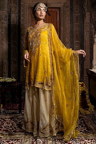 Beige Chanderi Silk Tissue Hand Embroidered Sharara Set by Farha Syed