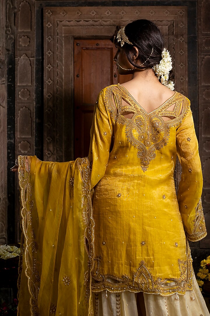 Beige Chanderi Silk Tissue Hand Embroidered Wedding Sharara Set by Farha Syed at Pernia's Pop Up Shop