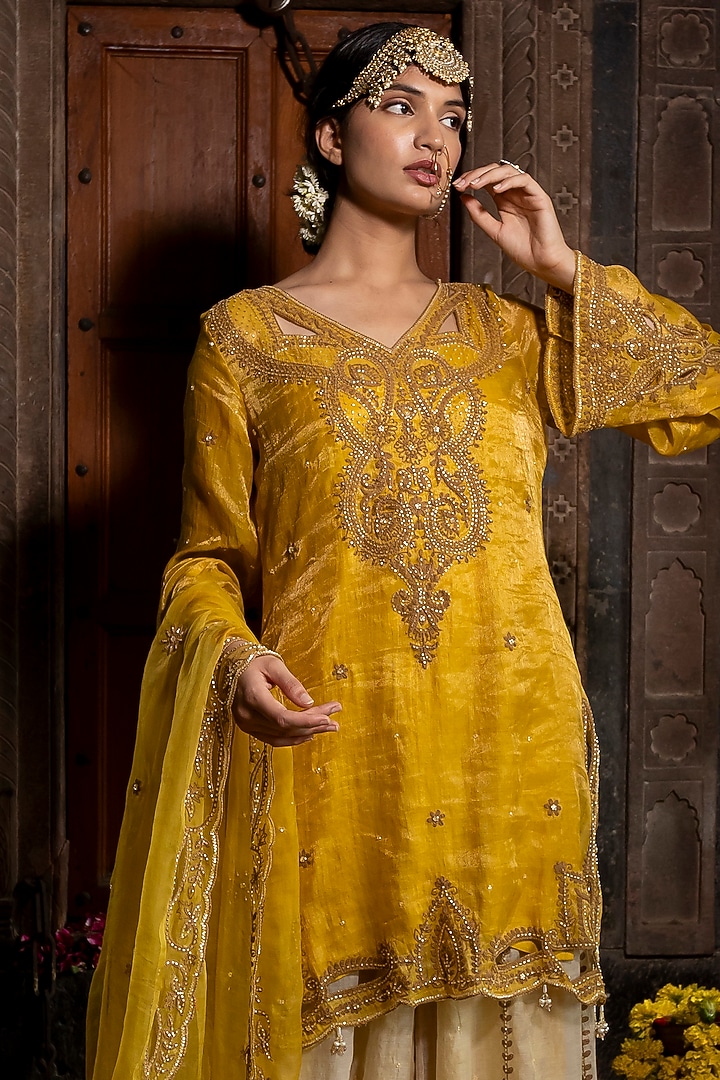 Beige Chanderi Silk Tissue Hand Embroidered Wedding Sharara Set by Farha Syed at Pernia's Pop Up Shop