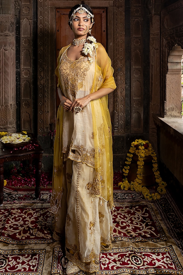 Beige Chanderi Silk Tissue Hand Embroidered Sharara Set by Farha Syed at Pernia's Pop Up Shop