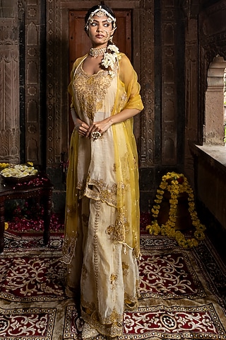 Beige Chanderi Silk Tissue Hand Embroidered Sharara Set by Farha Syed