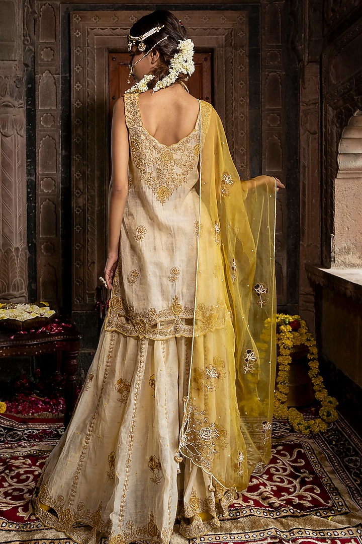 Beige Chanderi Silk Tissue Hand Embroidered Wedding Sharara Set by Farha Syed at Pernia's Pop Up Shop