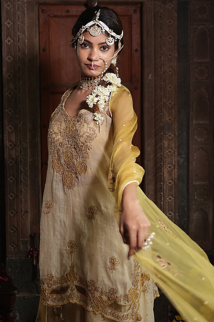 Beige Chanderi Silk Tissue Hand Embroidered Wedding Sharara Set by Farha Syed at Pernia's Pop Up Shop
