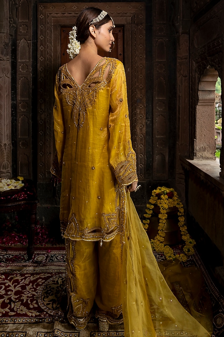 Yellow Chanderi Silk Tissue Cutdana Hand Embroidered Kurta Set by Farha Syed at Pernia's Pop Up Shop
